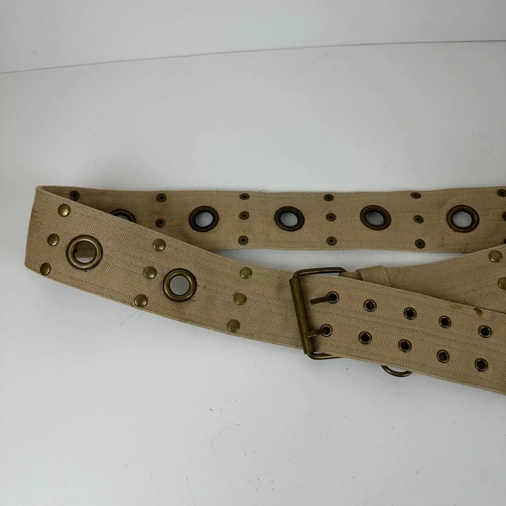 Vintage Military Style Tan Canvas Utility Belt with Pouch Grommet Studded Khaki